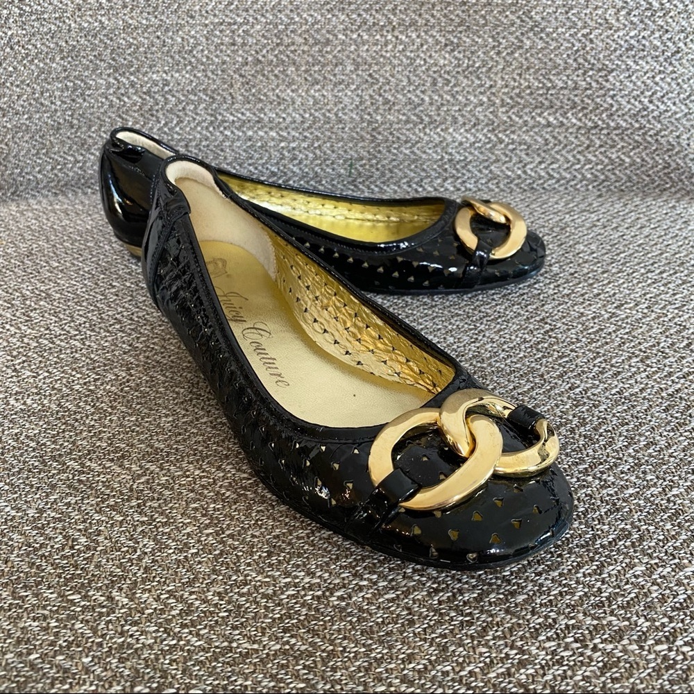 Juicy Couture Patent Leather Lazer Cut Ballet Flats with Gold Hardware Size 6.5